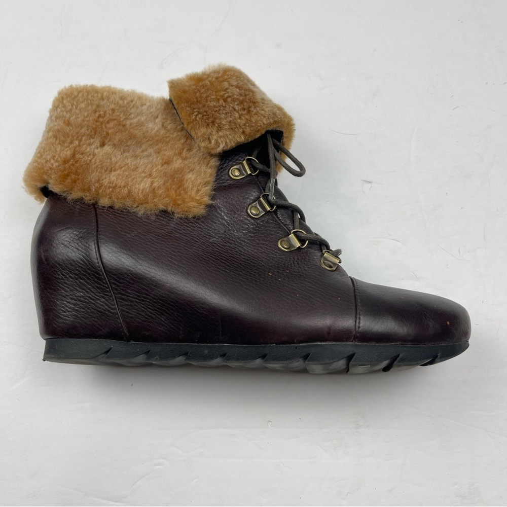 Gentle Souls Barnesicle Brown Leather Fur Wedge Ankle Boot Lace Up Bootie 8.5M